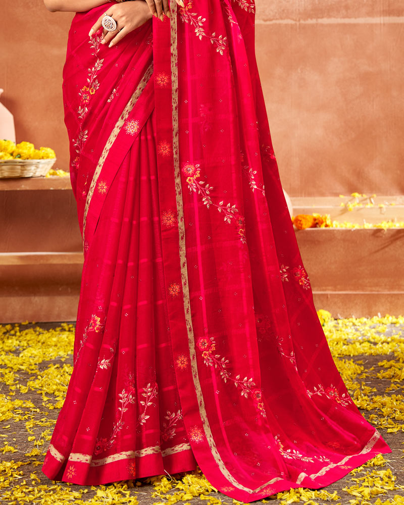 Vishal Prints Cherry Red Designer Georgette Saree With Embroidery And Diamond Work