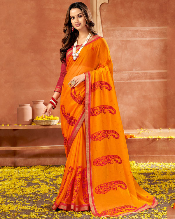 Vishal Prints Orange Designer Georgette Saree With Embroidery And Diamond Work