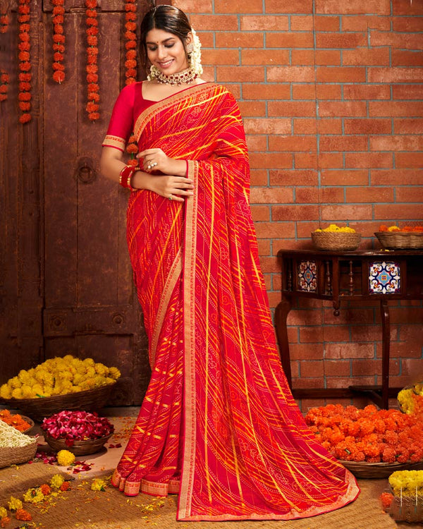 Vishal Prints Cherry Red Patterned Chiffon Bandhani Print Saree With Fancy Border