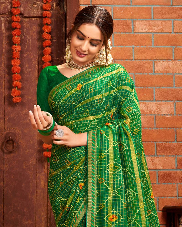 Vishal Prints Dark Green Patterned Chiffon Bandhani Print Saree With Fancy Border