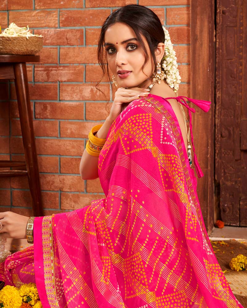 Vishal Prints Hot Pink Patterned Chiffon Bandhani Print Saree With Fancy Border