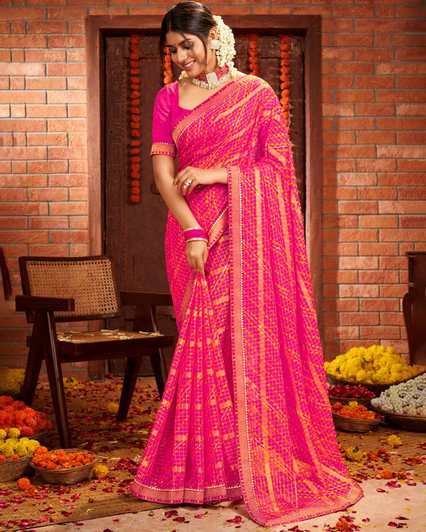 Vishal Prints Red Pink Patterned Chiffon Bandhani Print Saree With Fancy Border