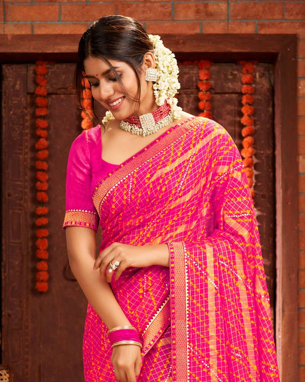 Vishal Prints Red Pink Patterned Chiffon Bandhani Print Saree With Fancy Border