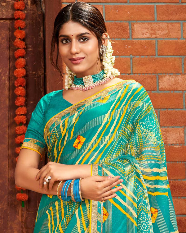 Vishal Prints Teal Green Patterned Chiffon Bandhani Print Saree With Fancy Border