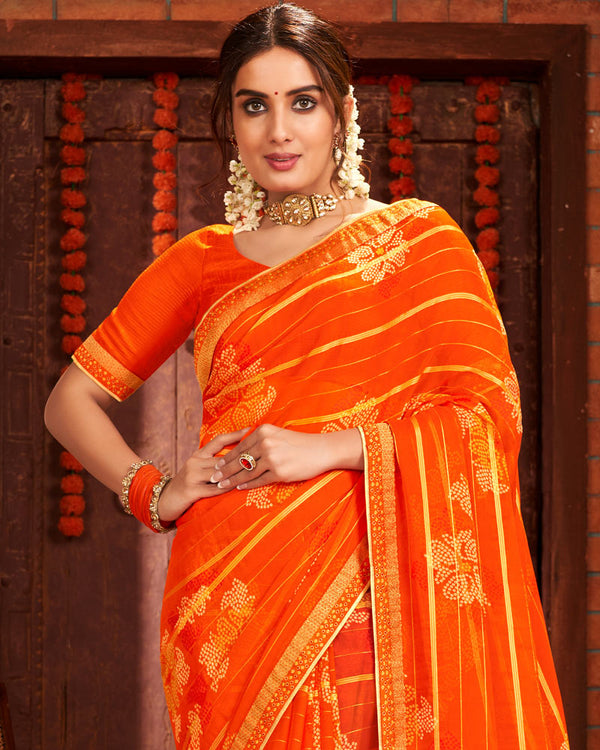 Vishal Prints Dark Orange Patterned Chiffon Bandhani Print Saree With Fancy Border