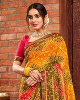Vishal Prints Dark Yellow Patterned Chiffon Bandhani Print Saree With Fancy Border