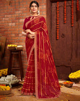 Vishal Prints Dark Red Patterned Chiffon Bandhani Print Saree With Fancy Border