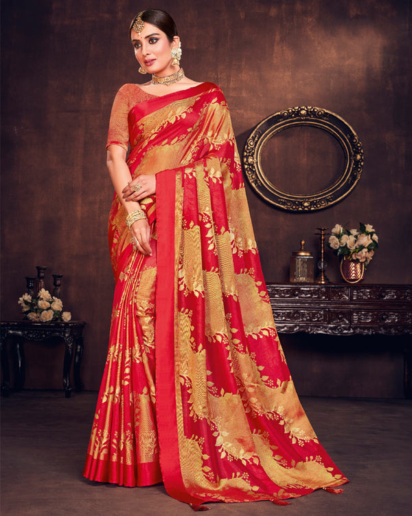 Vishal Prints Dark Red Silk Brasso Saree With Foil Print And Tassel