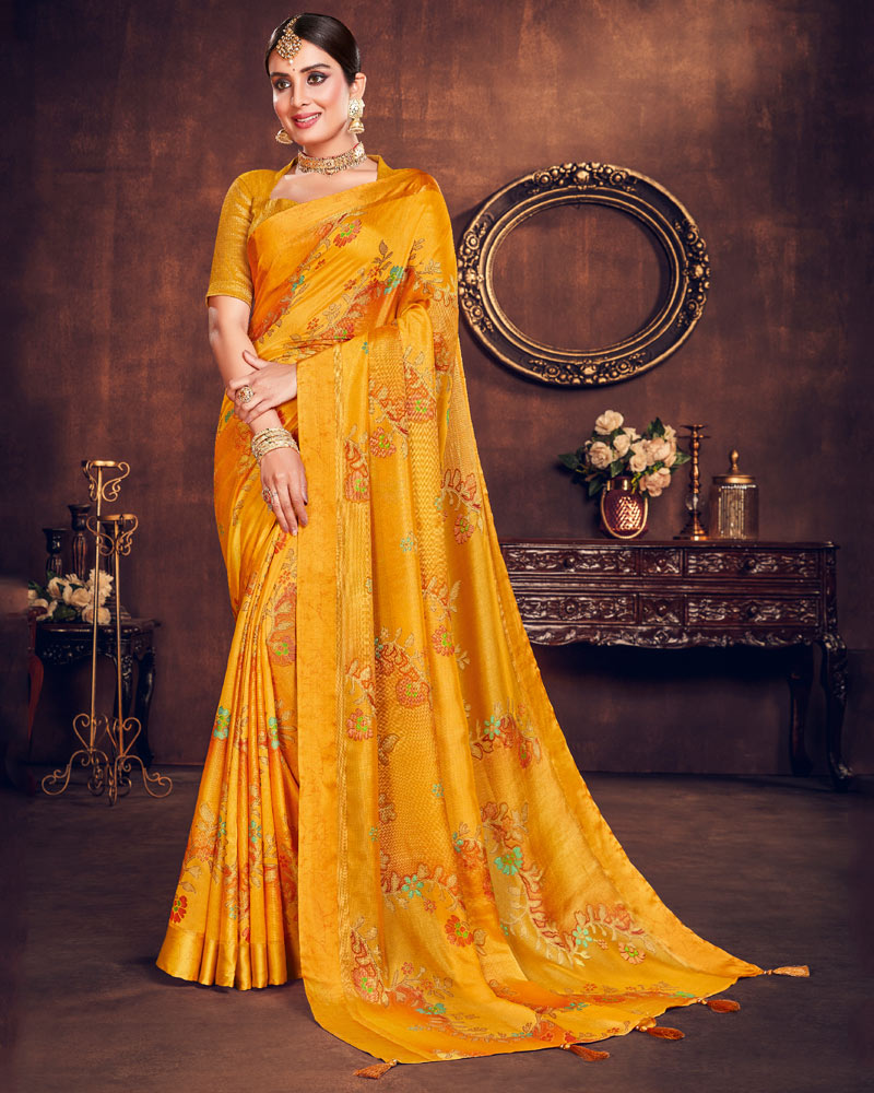 Vishal Prints Dark Orange Silk Brasso Saree With Foil Print And Tassel