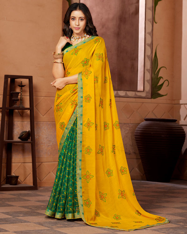 Vishal Prints Golden Yellow Designer Chiffon Saree With Embroidery Work And Fancy Border