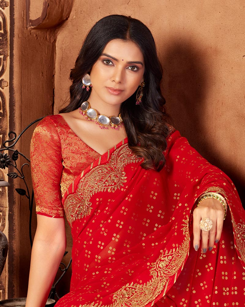 Vishal Prints Red Designer Chiffon Saree With Embroidery Work Foil Print And Fancy Border