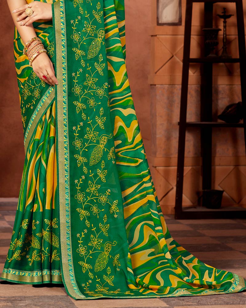 Vishal Prints Dark Green Designer Chiffon Saree With Embroidery Work And Fancy Border