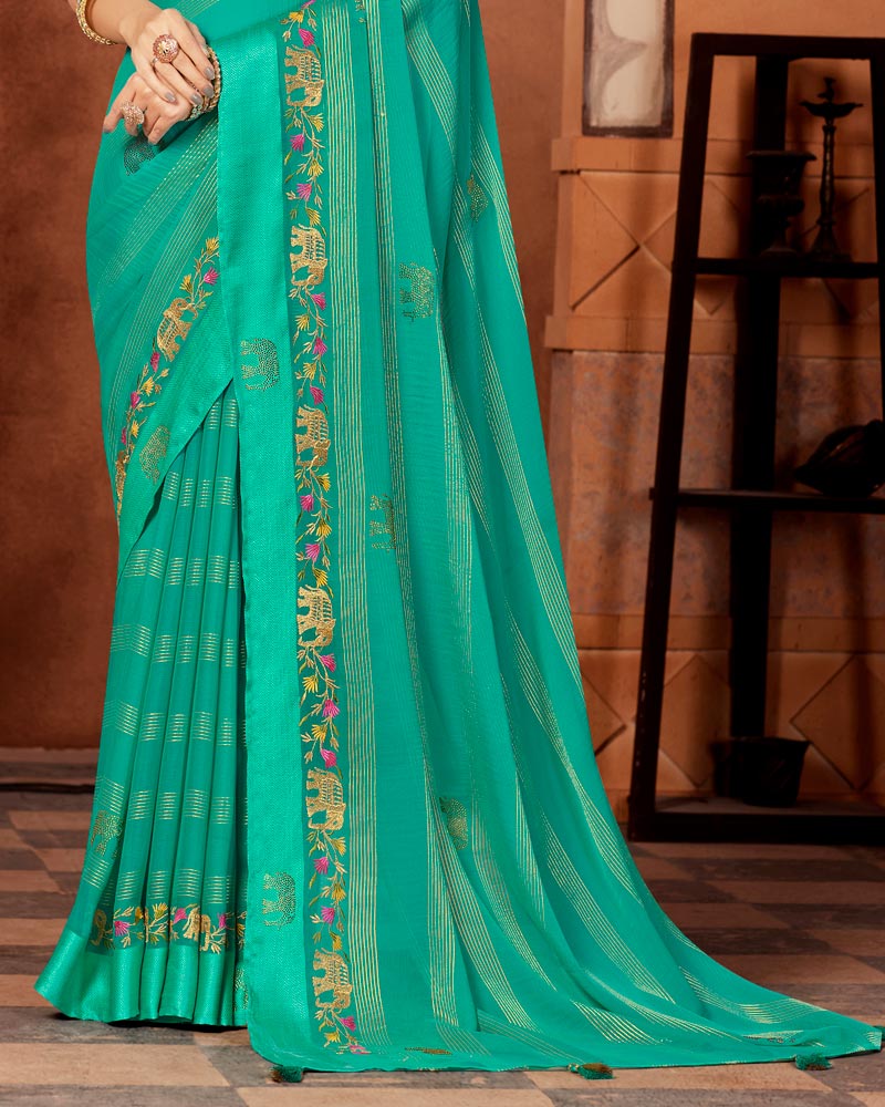 Vishal Prints Aqua Green Designer Chiffon Saree With Embroidery Diamond Work And Tassel