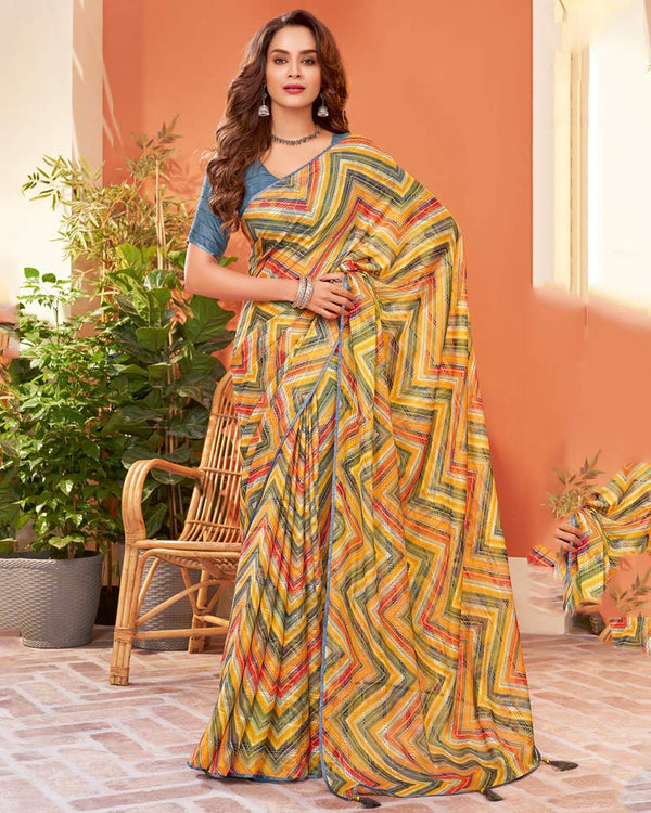 Vishal Prints Cool Grey Digital Print Fancy Brasso Saree With Core Piping And Tassel