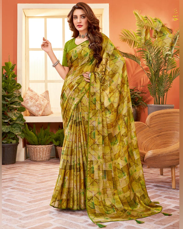 Vishal Prints Mehandi Green Digital Print Fancy Brasso Saree With Core Piping And Tassel
