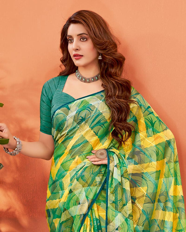 Vishal Prints Parrot Green Digital Print Fancy Brasso Saree With Core Piping And Tassel