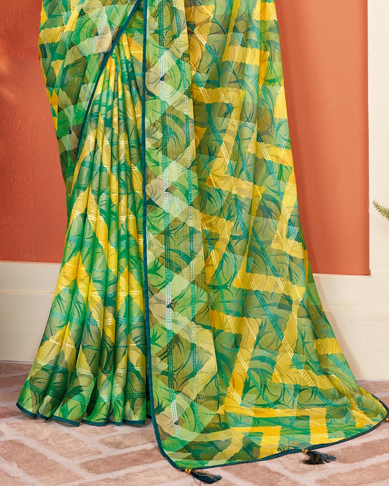 Vishal Prints Parrot Green Digital Print Fancy Brasso Saree With Core Piping And Tassel