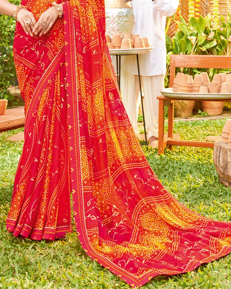 Vishal Prints Red Pink Bandhani Print Chiffon Saree With Foil Print