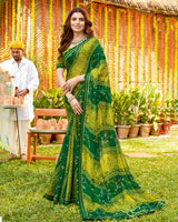 Vishal Prints Dark Green Bandhani Print Chiffon Saree With Foil Print