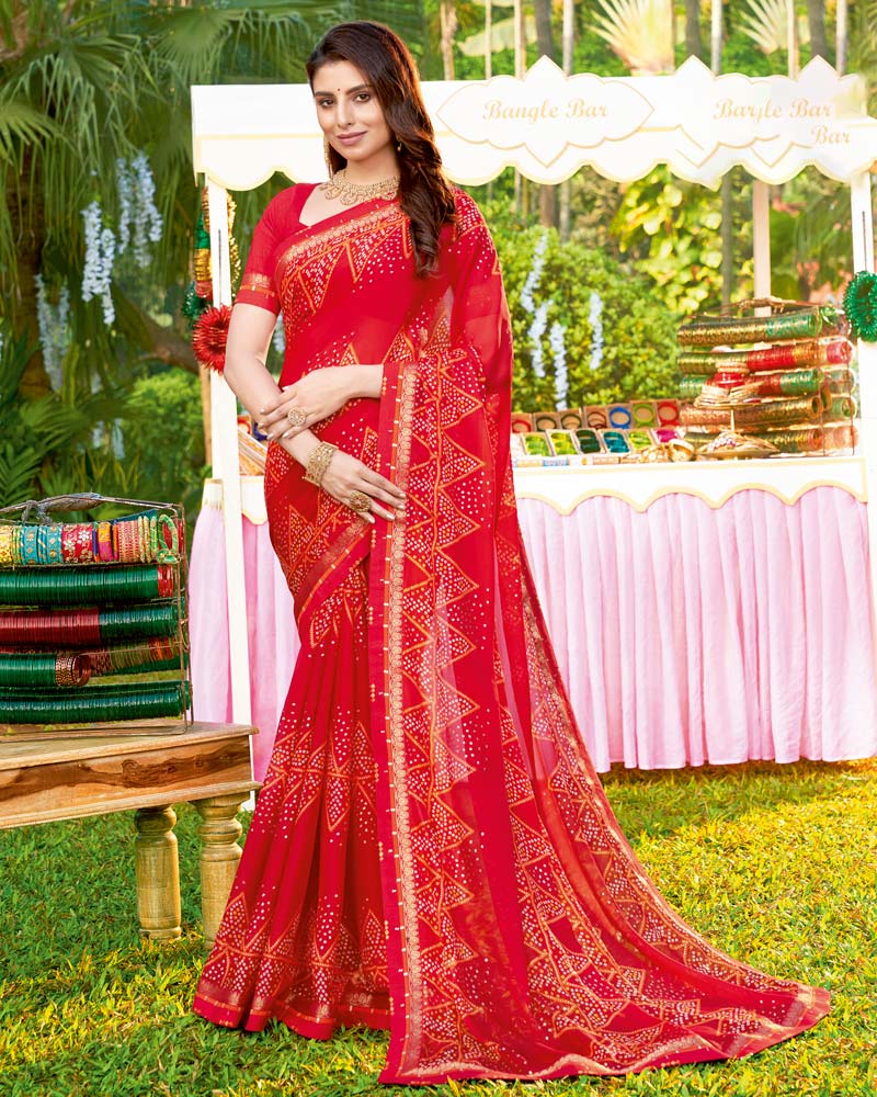 Vishal Prints Cherry Red Bandhani Print Chiffon Saree With Foil Print