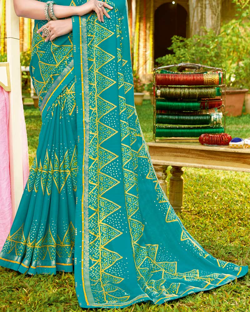 Vishal Prints Dark Turquoise Blue Bandhani Print Chiffon Saree With Foil Print