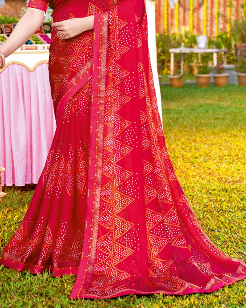 Vishal Prints Pinkish Red Bandhani Print Chiffon Saree With Foil Print