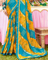 Vishal Prints Dark Turquoise Blue Bandhani Print Chiffon Saree With Foil Print