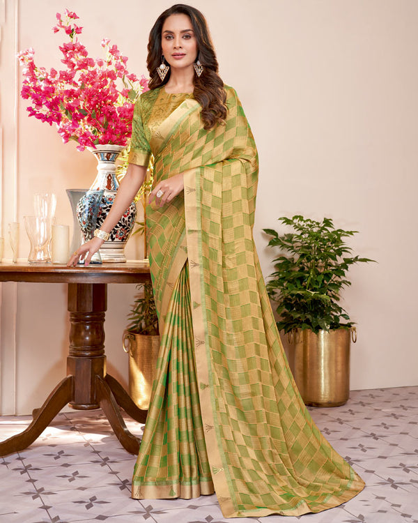 Vishal Prints Dark Olive Green Designer Patterned Chiffon Saree With Fancy Border