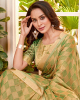 Vishal Prints Dark Olive Green Designer Patterned Chiffon Saree With Fancy Border