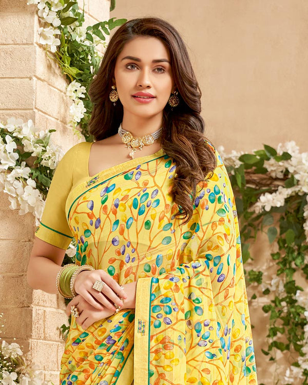 Vishal Prints Pastel Yellow Printed Patterned Georgette Saree With Fancy Border