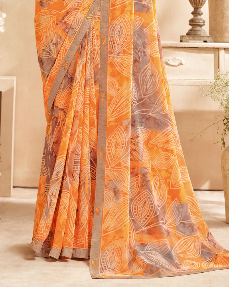 Vishal Prints Saffron Color Printed Patterned Georgette Saree With Fancy Border