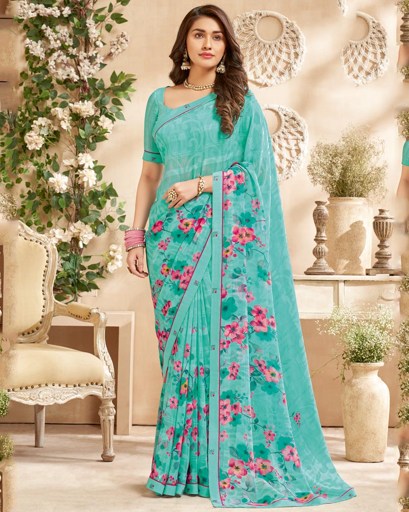 Vishal Prints Turquoise Blue Printed Patterned Georgette Saree With Fancy Border