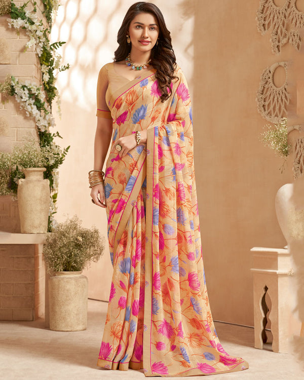 Vishal Prints Fawn Printed Patterned Georgette Saree With Fancy Border