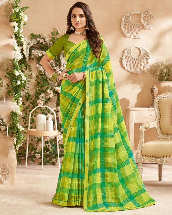 Vishal Prints Lime Green Printed Patterned Georgette Saree With Fancy Border