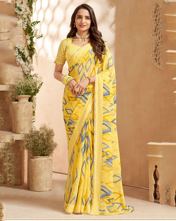 Vishal Prints Light Yellow Printed Patterned Georgette Saree With Fancy Border