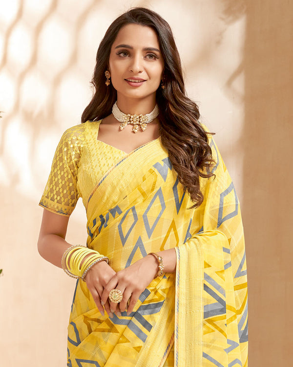 Vishal Prints Light Yellow Printed Patterned Georgette Saree With Fancy Border
