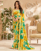 Vishal Prints Buff Yellow Printed Patterned Georgette Saree With Fancy Border