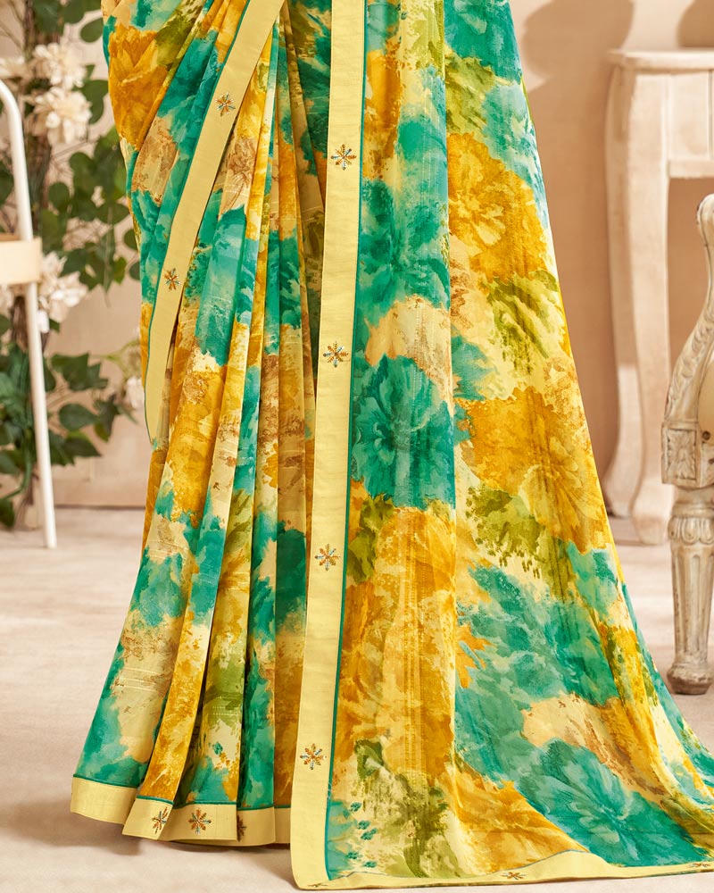 Vishal Prints Buff Yellow Printed Patterned Georgette Saree With Fancy Border