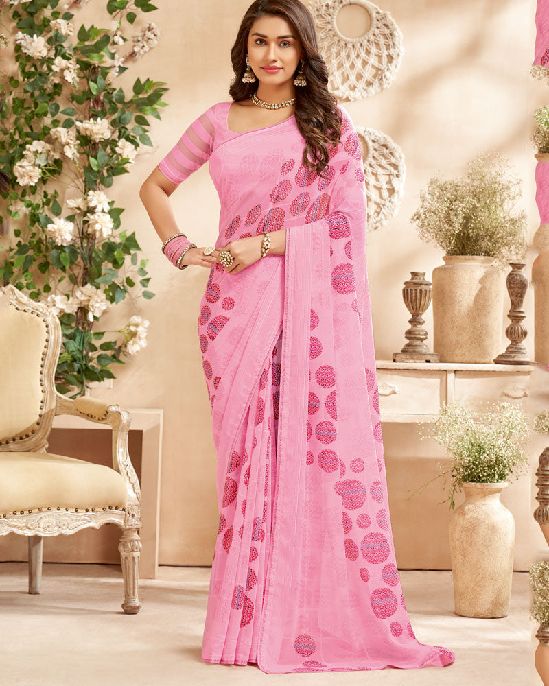 Vishal Prints Baby Pink Printed Patterned Georgette Saree With Fancy Border
