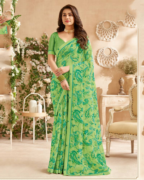 Vishal Prints Olivine Green Printed Patterned Georgette Saree With Fancy Border