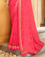Vishal Prints Red Pink Printed Georgette Saree With Diamond Work And Fancy Border