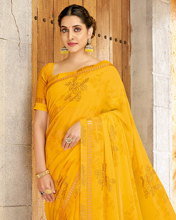 Vishal Prints Golden Yellow Printed Georgette Saree With Diamond Work And Fancy Border