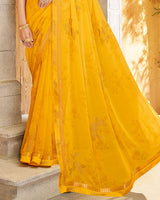 Vishal Prints Golden Yellow Printed Georgette Saree With Diamond Work And Fancy Border
