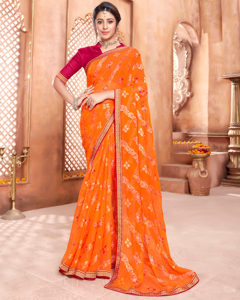 Vishal Prints Dark Orange Brasso Saree With Foil Print And Zari Border