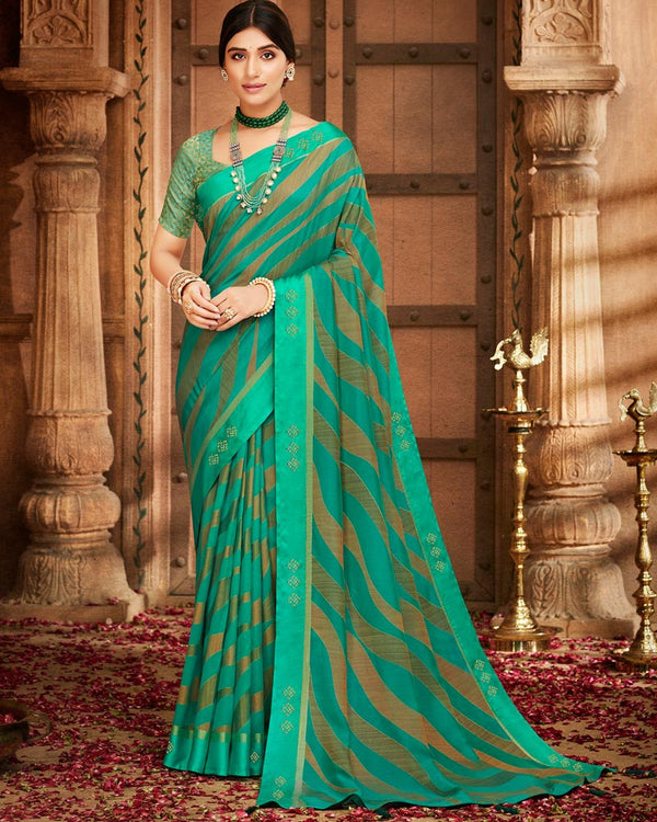 Vishal Prints Aqua Green Printed Silk Brasso Saree With Weaved Satin Patta And Diamond Work