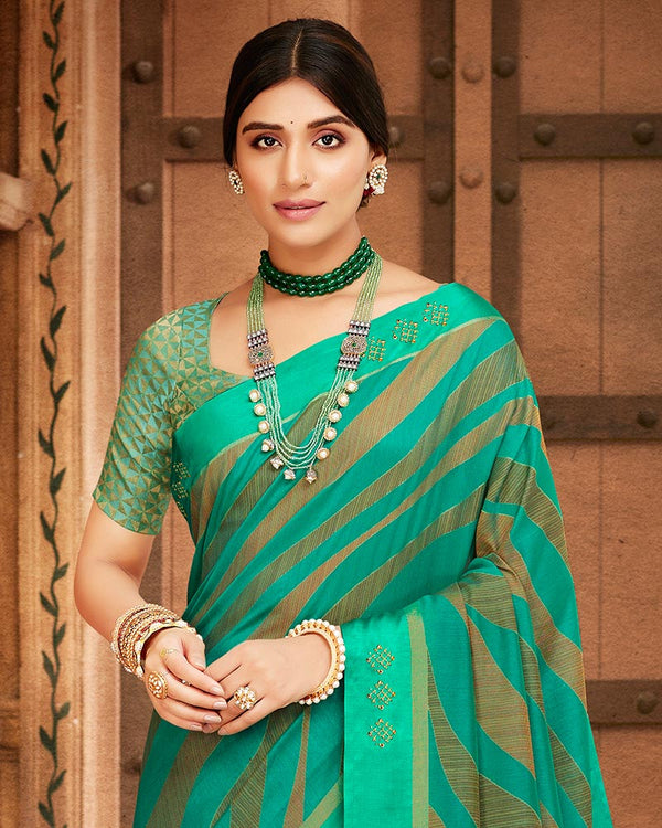 Vishal Prints Aqua Green Printed Silk Brasso Saree With Weaved Satin Patta And Diamond Work