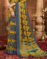 Vishal Prints Ink Blue Printed Silk Brasso Saree With Weaved Satin Patta And Diamond Work