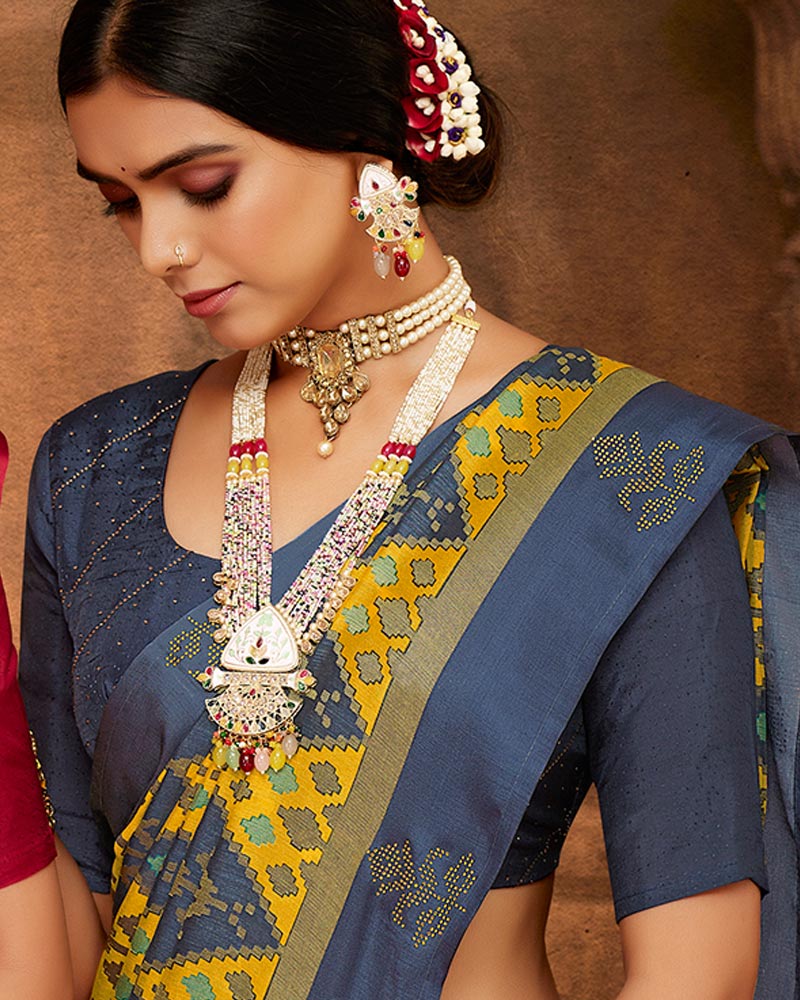 Vishal Prints Ink Blue Printed Silk Brasso Saree With Weaved Satin Patta And Diamond Work