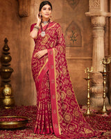 Vishal Prints Dark Red Printed Silk Brasso Saree With Weaved Satin Patta And Diamond Work
