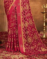 Vishal Prints Dark Red Printed Silk Brasso Saree With Weaved Satin Patta And Diamond Work
